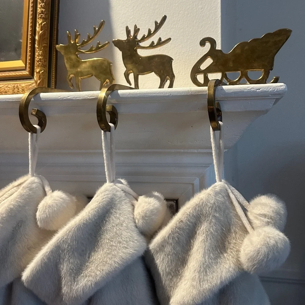 Vintage Brass Gold Reindeer and Sleigh Stocking Hangers for Christmas - Picture 1 of 12